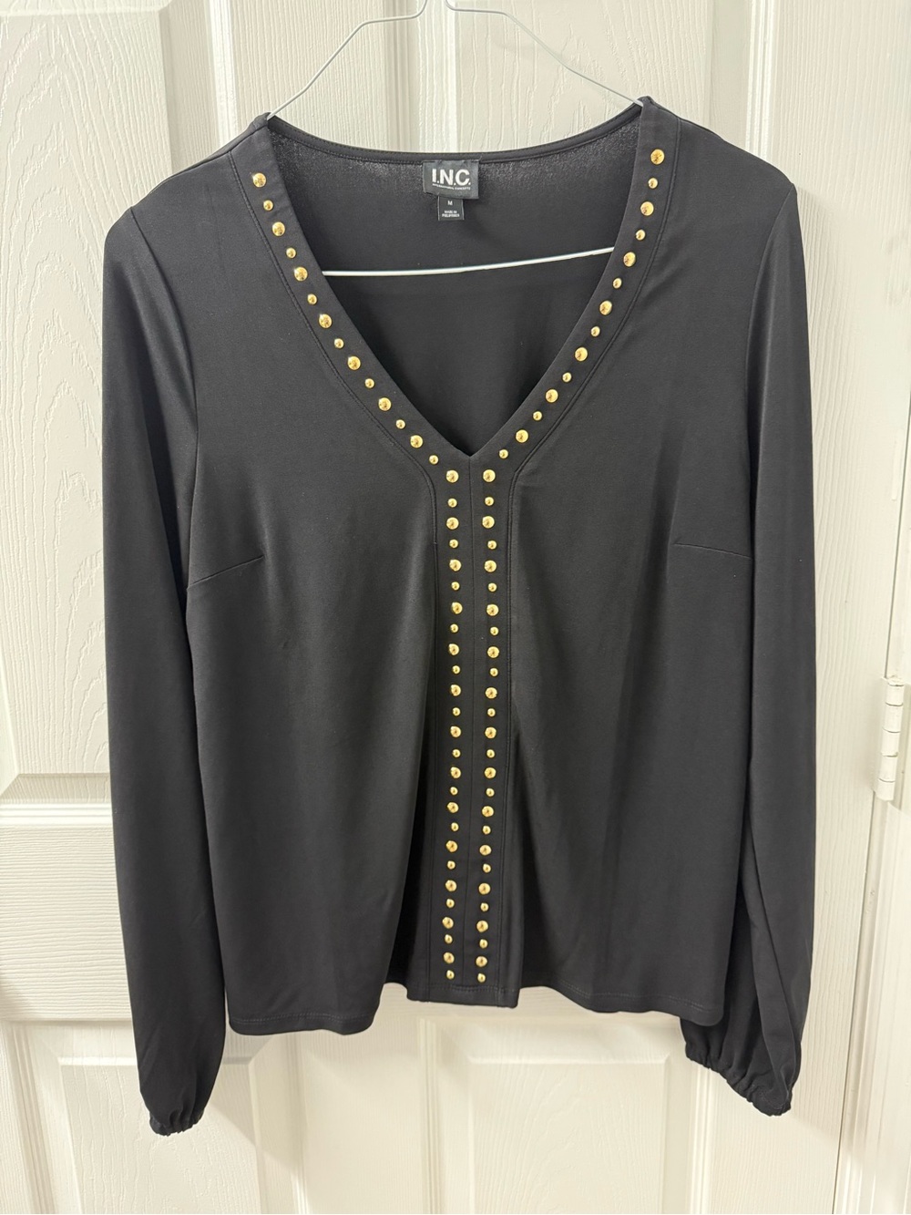INC International Concepts Black V-Neck Long-Sleeve Top with Gold Stud Trim